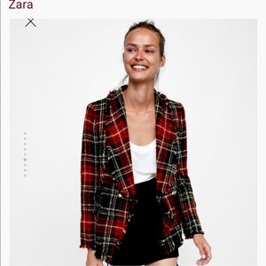 ZARA Checked Tweed Plaid Blazer with gold buttons
